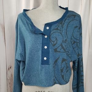 Maori Hook  Washed Up Heathered Green Graphic Print Cropped Shirt Drop Sleeve M